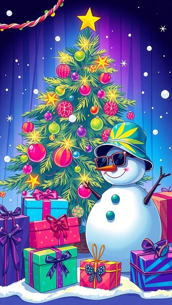 A Y2K inspired Christmas scene with a colorful tree, retro gifts, and a stylish snowman.